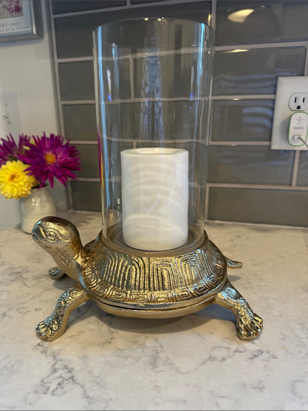 Gold Turtle Hurricane Candle Holder with Clear Glass